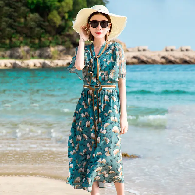 Silk Dress Female New French Style Elegant Floral Waist Silk A line Long Skirt Blue - Shop at LoveMi