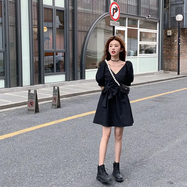 Tucked Waist, Thin And Tall, Solid Color Dress Black - Shop at LoveMi