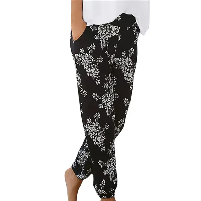 Summer New Women's Fashion High Waist Printing Casual Slim Fit Thin Trousers Black - Shop at LoveMi