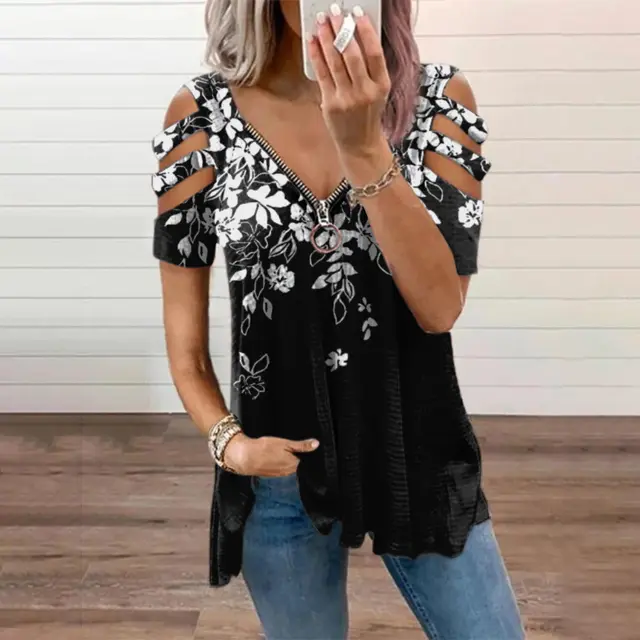 V neck Zipper Pullover Print Short sleeved Loose T shirt Black Flowers - Shop at LoveMi