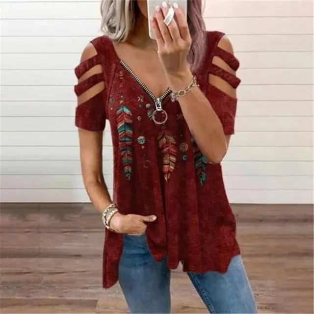 V neck Zipper Pullover Print Short sleeved Loose T shirt Red - Shop at LoveMi