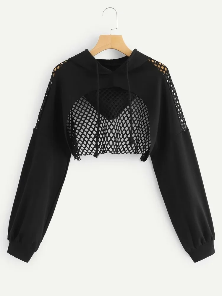 Hooded Sweatshirt Cutout Mesh Short Hoodie Black - Shop at LoveMi