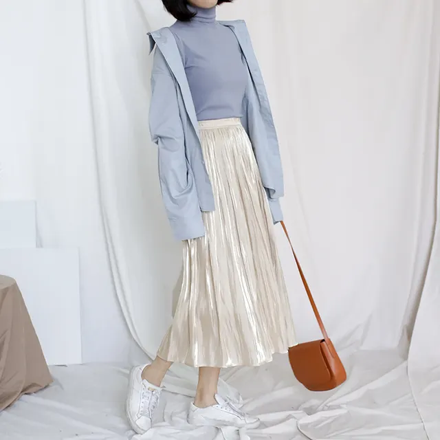 Spring And Summer New Elastic Waist Pearl Luster Mid Length Over The Knee Skirt Apricot - Shop at LoveMi