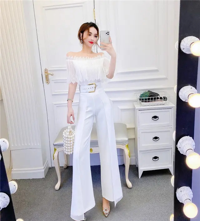 High Waist Drape Stitching Mesh Wide leg Pants Suit White - Shop at LoveMi