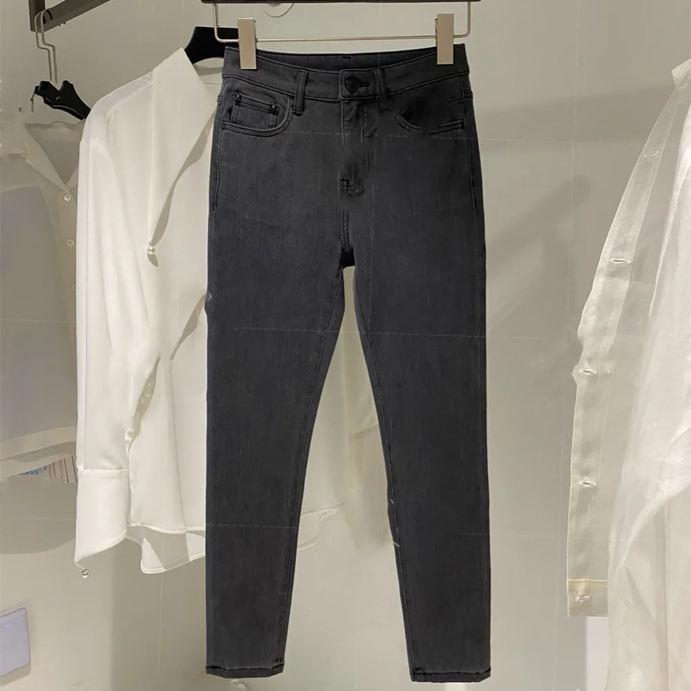 Icy Silk Four-way Stretch Denim High Waist Straight Leg Pants - Grey