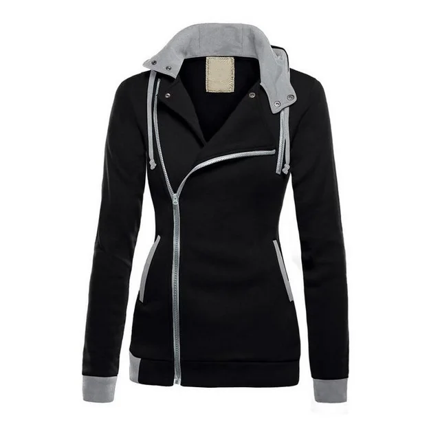 Winter Women's Plus Velvet Diagonal Zipper Sweater Color Matching Hooded Sweater Black - Shop at LoveMi