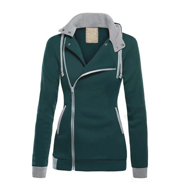 Winter Women's Plus Velvet Diagonal Zipper Sweater Color Matching Hooded Sweater Green - Shop at LoveMi