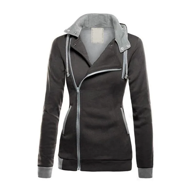 Winter Women's Plus Velvet Diagonal Zipper Sweater Color Matching Hooded Sweater Grey - Shop at LoveMi