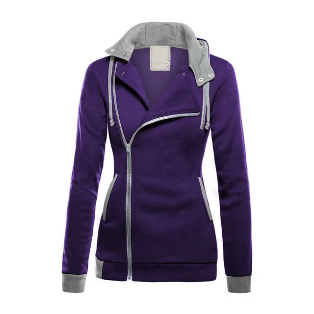 Winter Women's Plus Velvet Diagonal Zipper Sweater Color Matching Hooded Sweater Purple - Shop at LoveMi
