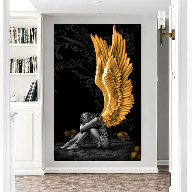 Sitting Angel Art Poster Living Room Angel Wings Wall Decoration Oil Painting Gold - Shop at LoveMi