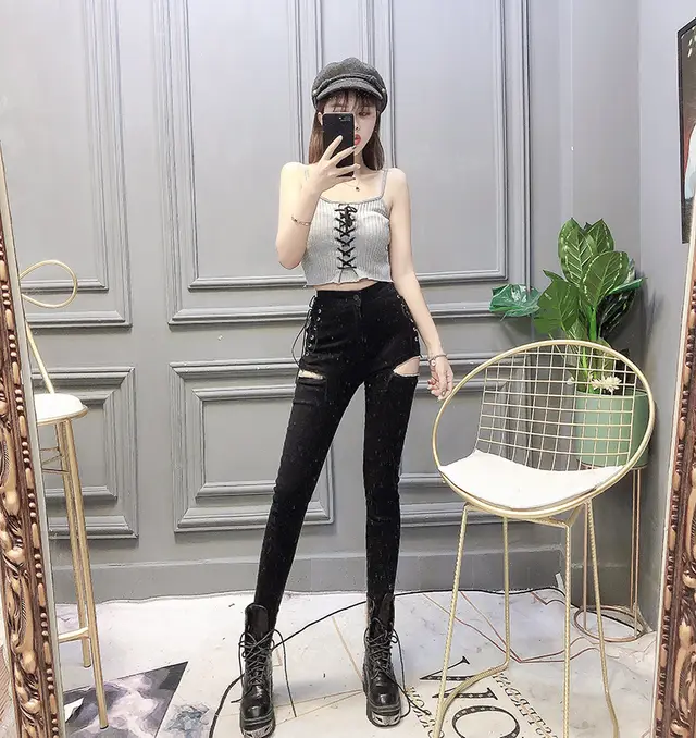 Slim fit Slim leg Pants With Zipper Decoration And Split Jeans Black - Shop at LoveMi