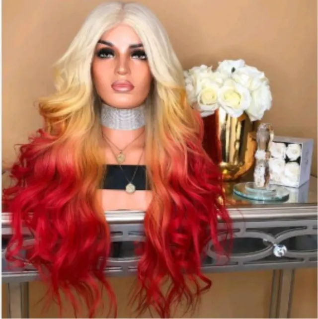 Gradient Big Red Dyed Curly Hair Big Waves Photo Color - Shop at LoveMi