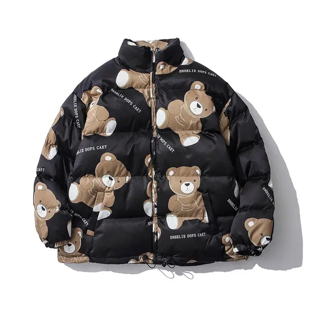 Cute Bear Print Winter Couple Cotton padded Jacket Men's Thick Warm Cotton padded Jacket Lazy Wind Jacket Black - Shop at LoveMi