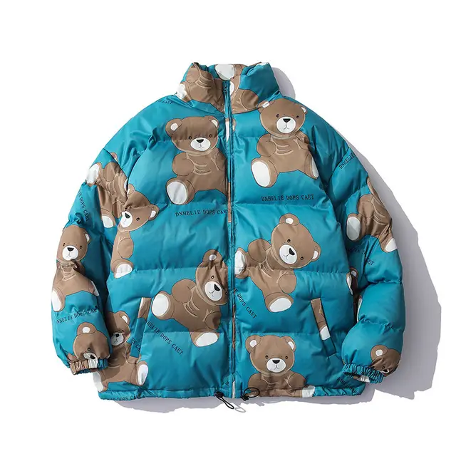 Cute Bear Print Winter Couple Cotton padded Jacket Men's Thick Warm Cotton padded Jacket Lazy Wind Jacket Green - Shop at LoveMi