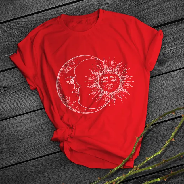 Fashion Loose Sun Print Pattern Round Neck Regular Sleeve T shirt Red - Shop at LoveMi