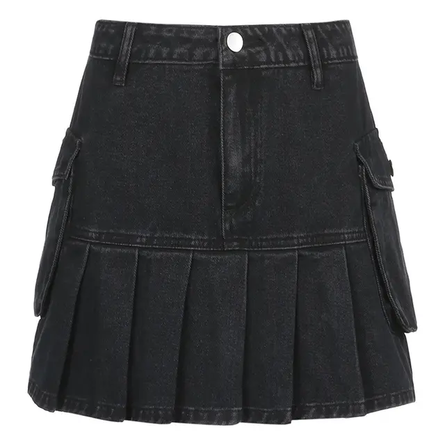 Denim Pleated Skirt High Waist Skirt Without Lining - Shop at LoveMi