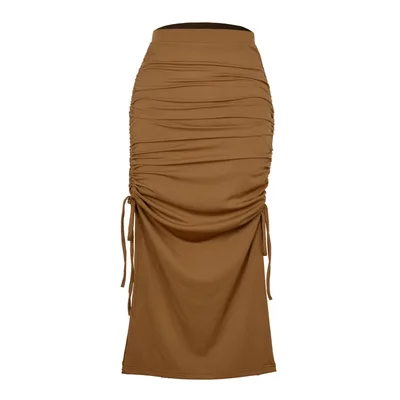 Fashion Pleated Lace up Sexy Bag Hip Long Skirt Khaki - Shop at LoveMi