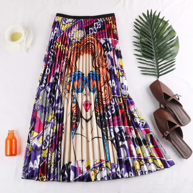 Summer Retro Fashion Hit Color Character Print Chiffon Irregular Pleated Mid Length Skirt Purple - Shop at LoveMi