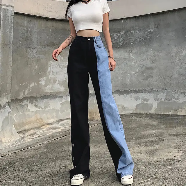 Stitching Snap Button Split Washed Straight Jeans Black - Shop at LoveMi