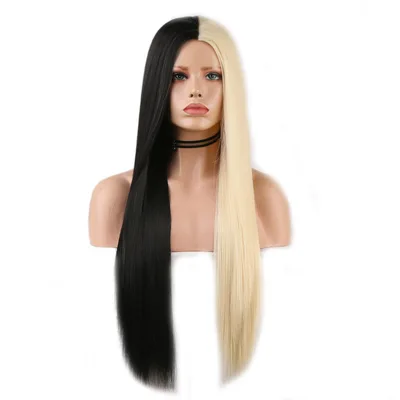 Black And White Two tone Long Straight Hair High Temperature Silk Machine Wig 22Inches - Shop at LoveMi