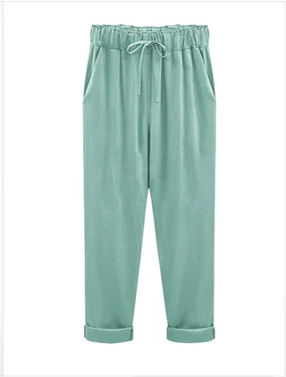 Plus Size Mm Loose Thin Linen Women's Trousers - Lake Green Cropped Pants