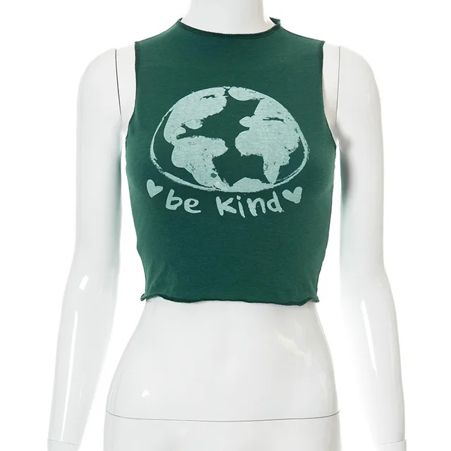Round Neck Sleeveless Bleached Printed Navel Blouse T shirt Green - Shop at LoveMi