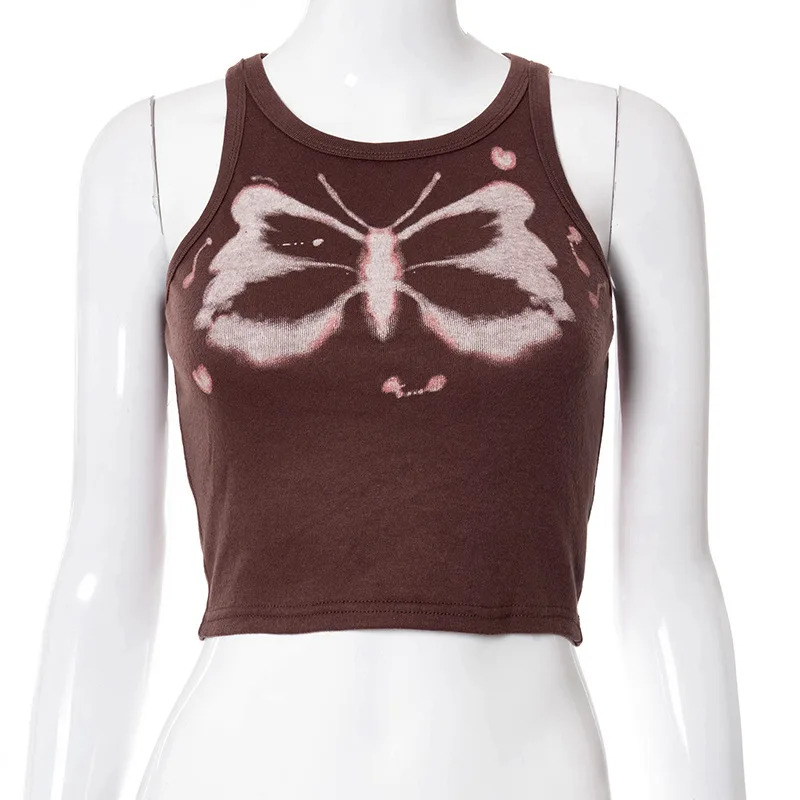 Round Neck Sleeveless Butterfly Print Slim Fit Women T Shirt Brown - Shop at LoveMi