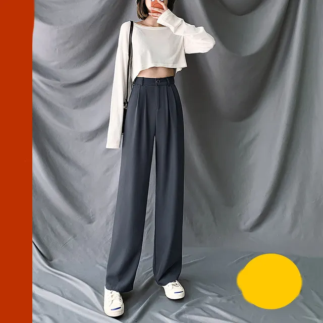 Women's Wide Leg Pants High Waist Suit Trousers Loose Straight Leg Casual Pants Dark Grey - Shop at LoveMi