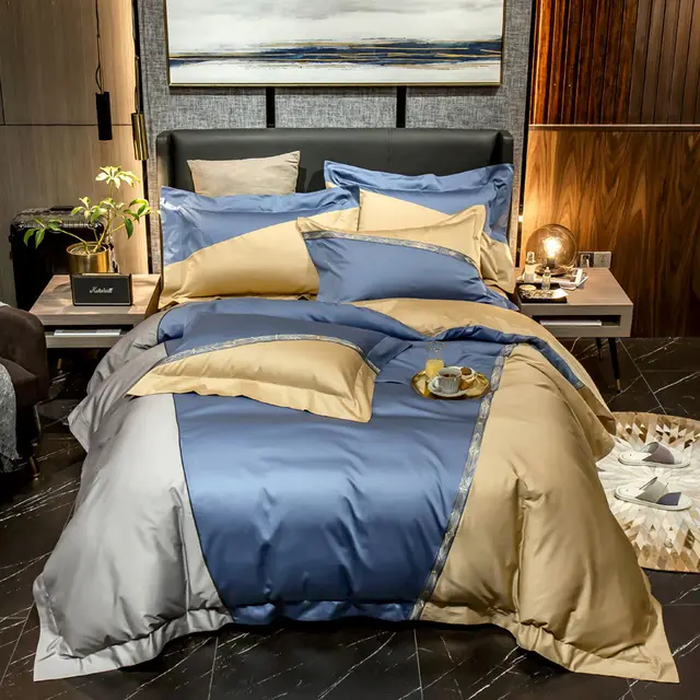 Contrasting Color Stitching Duvet Cover Cotton Double Bed Supplies Venice Khaki - Shop at LoveMi