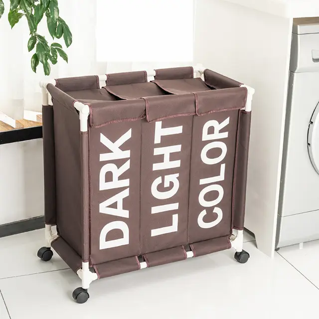 Three compartment Laundry Storage Basket With Pulleys, Moisture proof Folding Dirty Clothes Lou Brown - Shop at LoveMi