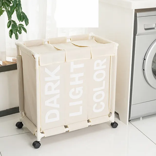 Three compartment Laundry Storage Basket With Pulleys, Moisture proof Folding Dirty Clothes Lou White - Shop at LoveMi