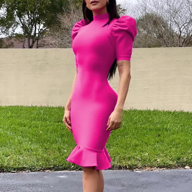 Puff Sleeve Mid Sleeve Fishtail Dress Violet - Shop at LoveMi