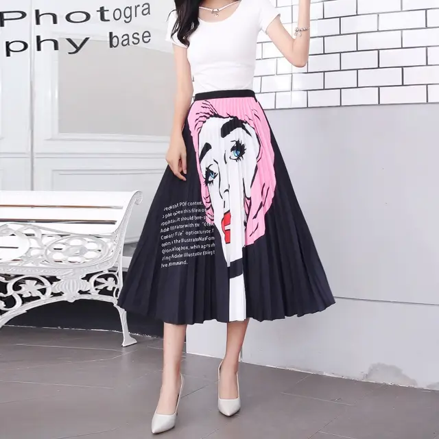 Elastic Waist Pleated Skirt Printed Mid length Skirt Pleated - Shop at LoveMi