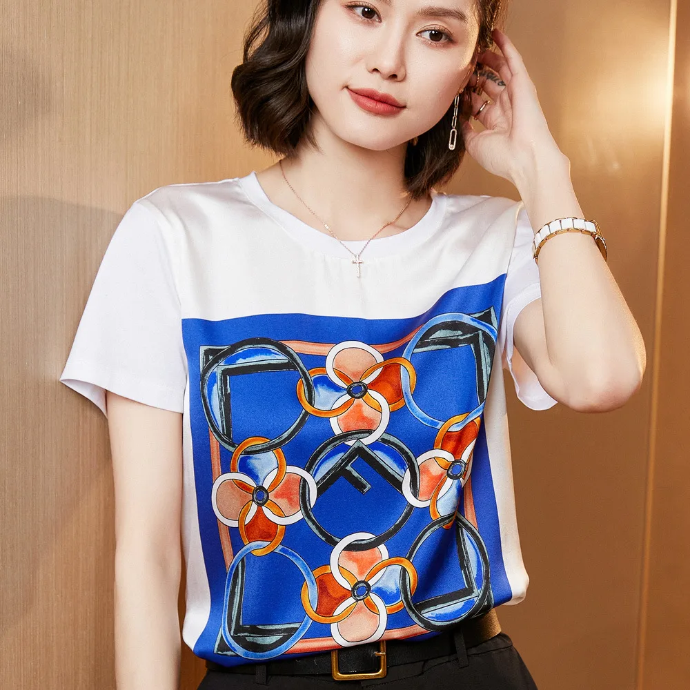 Silk Women's Short sleeved Printed Silk Round Neck All match L 17Coler - Shop at LoveMi