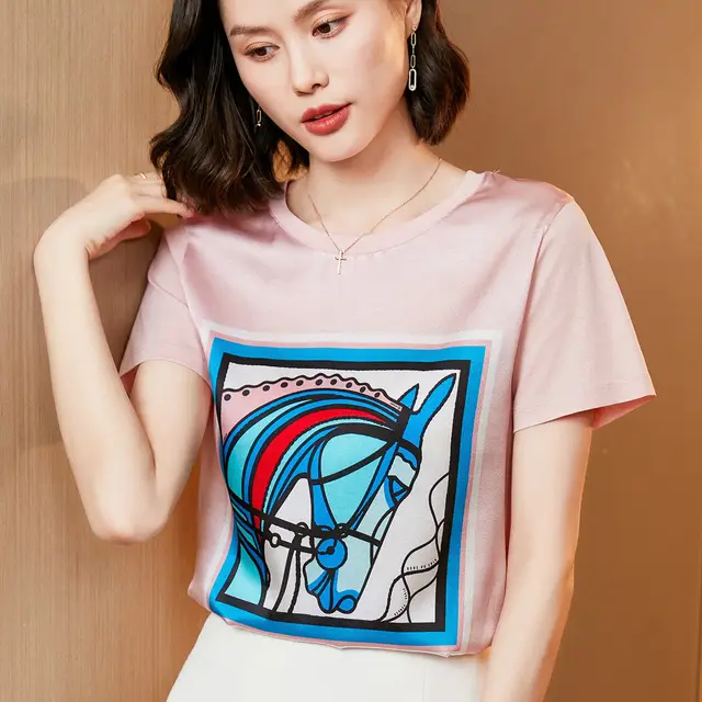 Silk Women's Short sleeved Printed Silk Round Neck All match M - Shop at LoveMi