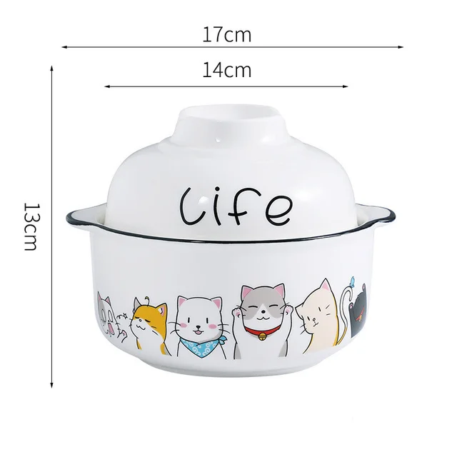 Instant Noodle Bowl With Lid Ceramic Household Bowl Nordic Student Dormitory Cat - Shop at LoveMi