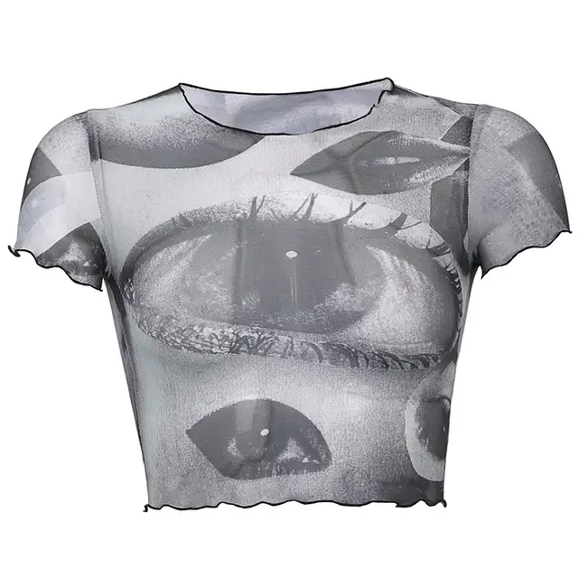 Net Gauze Big Eyes Printed Wood Ear Short Crop Top T shirt White - Shop at LoveMi