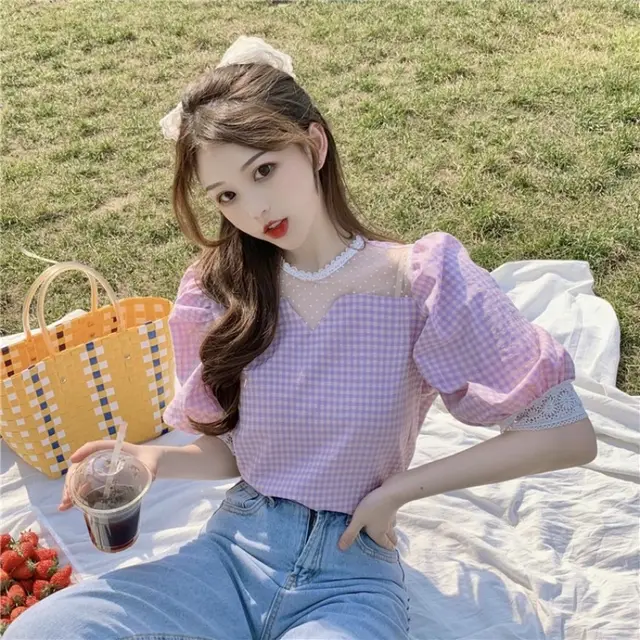 Stitching Mesh Puff Sleeve Plaid Shirt Women Purple - Shop at LoveMi