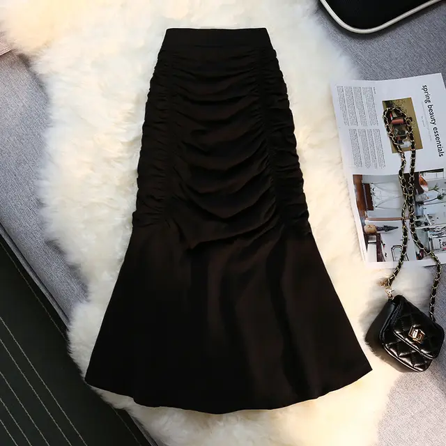 Pleated Slim Bag Hip Fishtail Skirt Women Black - Shop at LoveMi