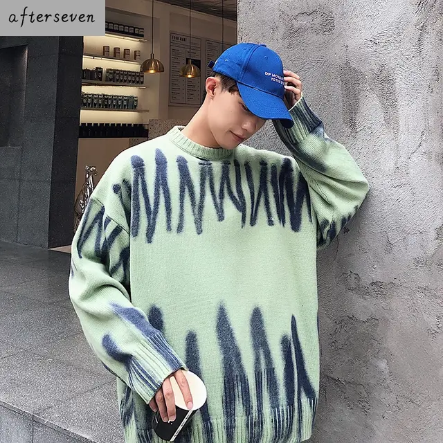 White Spray dyed Loose Pullover Sweater Early Autumn Green - Shop at LoveMi