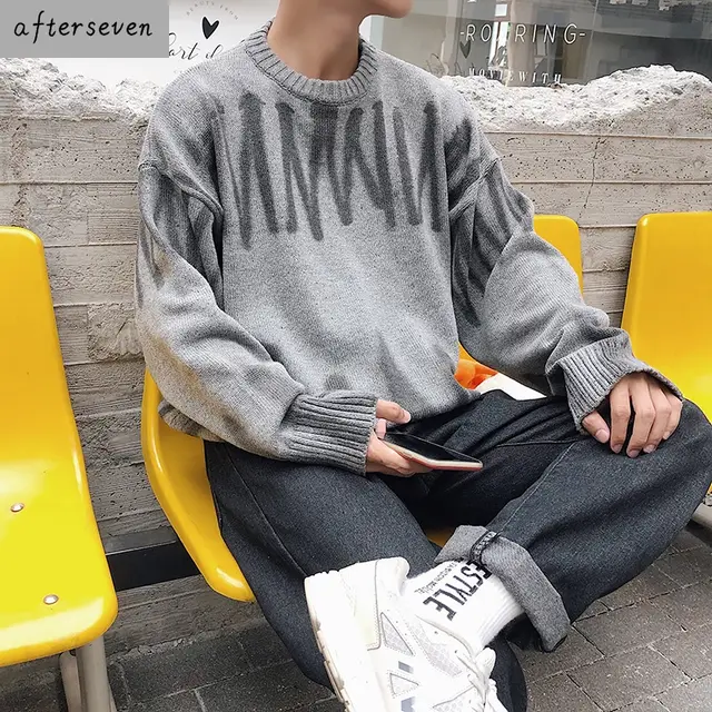 White Spray dyed Loose Pullover Sweater Early Autumn Grey - Shop at LoveMi