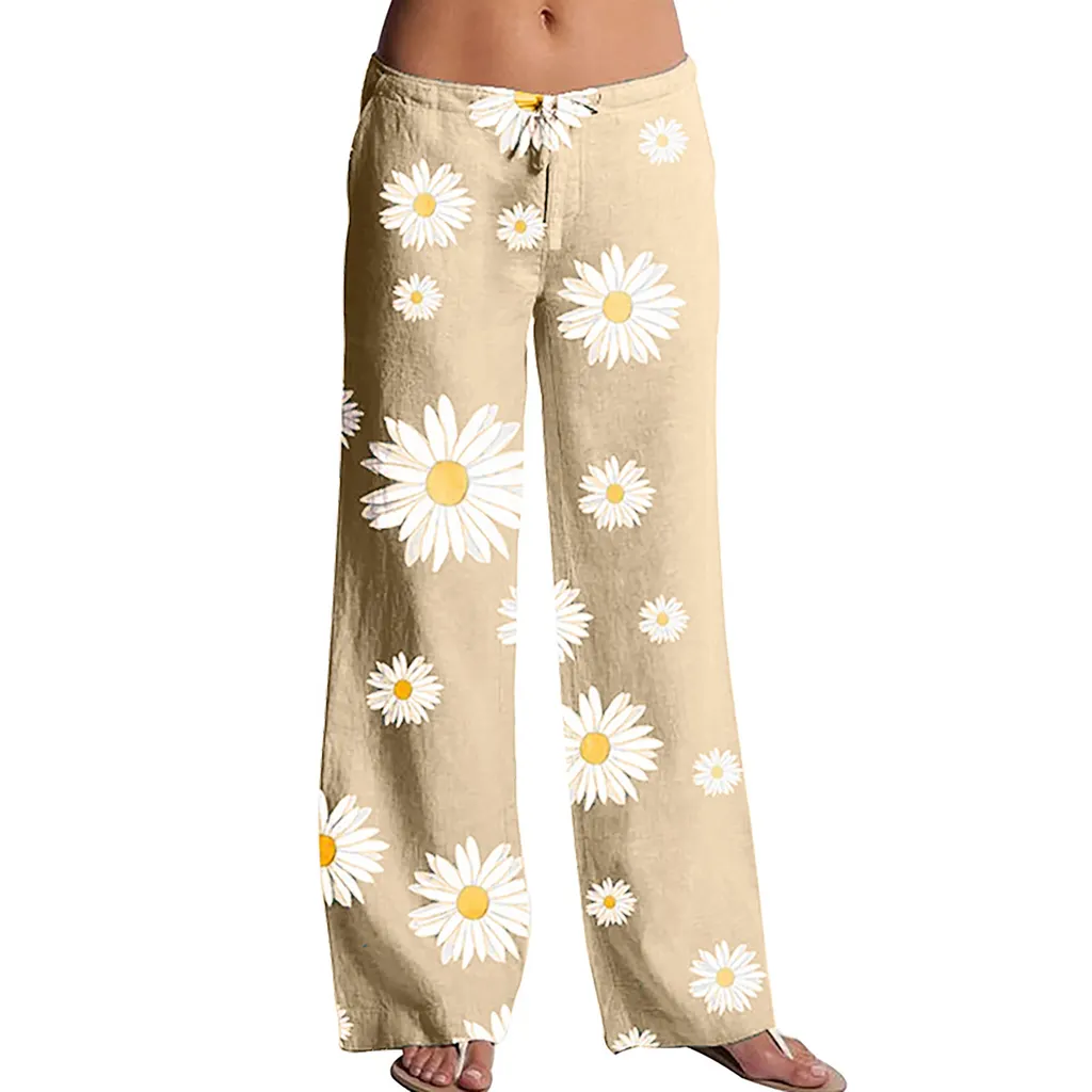 New Printed Daisy Casual Wide-Leg Trousers - Khaki
