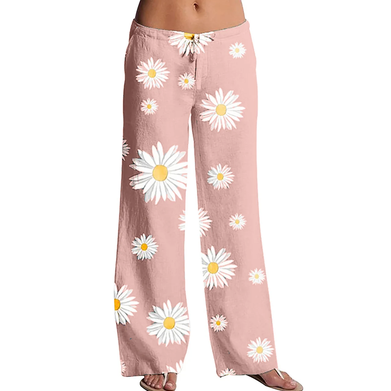 New Printed Daisy Casual Wide-Leg Trousers - Pink