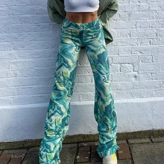 European And American Abstract Print Trousers Pleated Pile Pants Street Sweater Pants Green - Shop at LoveMi
