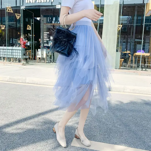 Irregular Mesh Skirt Female High Waist Age Reducing A Line Fairy Puff Skirt Gauze Skirt Mid Length Light Blue - Shop at LoveMi