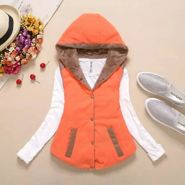 Thicken Plus Velvet Candy Color Hooded Cotton Vest Women Jacket Orange - Shop at LoveMi
