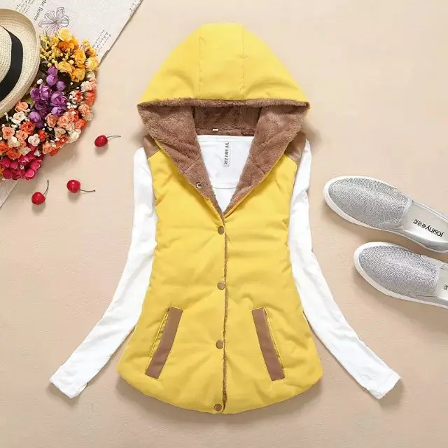 Thicken Plus Velvet Candy Color Hooded Cotton Vest Women Jacket Yellow - Shop at LoveMi