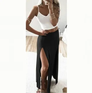 Summer Women'S Double Slit Elastic Waist Skirt - Black