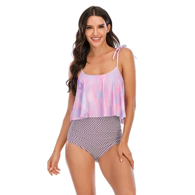 Ruffled Swimsuit Ladies Cover Belly High Waist Swimsuit Tie Dye Bikini Purple - Shop at LoveMi