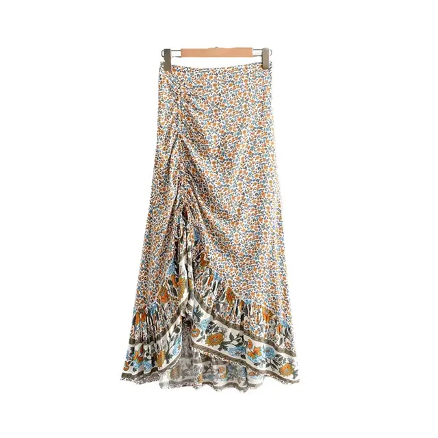 Holiday Style Irregular Folds Elastic Waist Printed Midi Skirt Photo Color - Shop at LoveMi